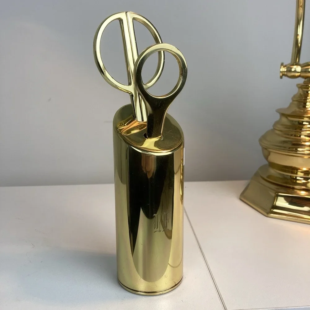Vintage Modernist Solid Brass Gold Tone Scissors / Letter Opener Desk Set with H